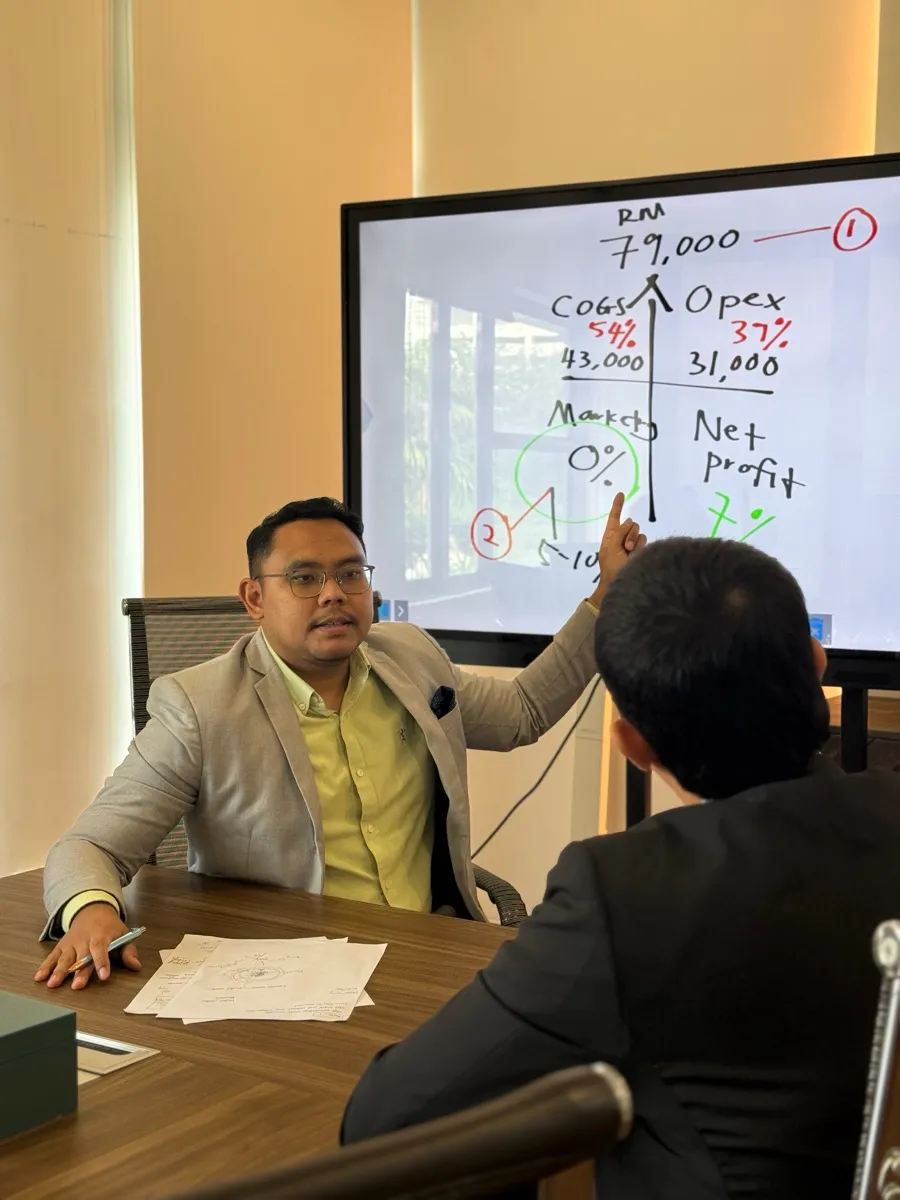 Consultant menerangkan pecahan kos dan net profit di skrin