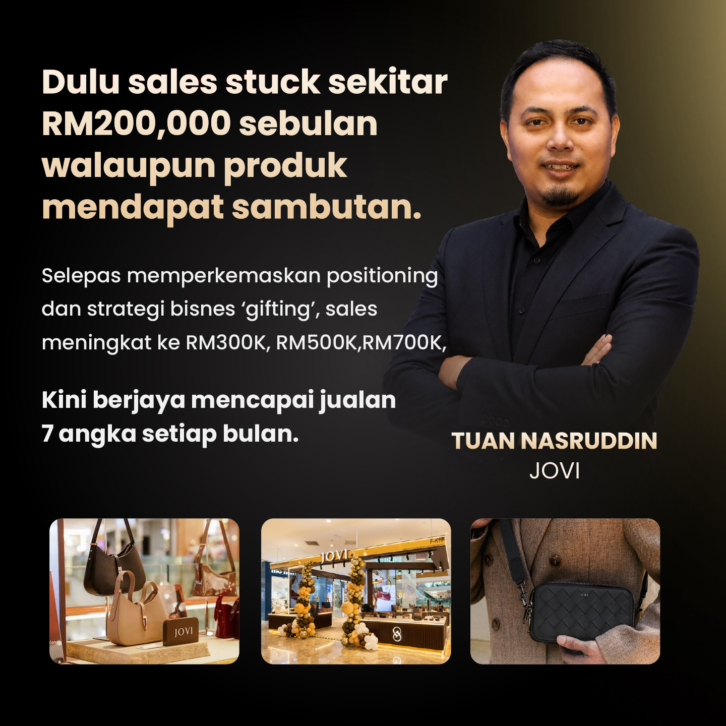 Tuan Nasruddin, JOVI — dulu sales stuck sekitar RM200,000 sebulan walaupun produk mendapat sambutan. Selepas memperkemaskan positioning dan strategi bisnes 'gifting', sales meningkat ke RM300K, RM500K, RM700K, dan kini mencapai jualan 7 angka setiap bulan.