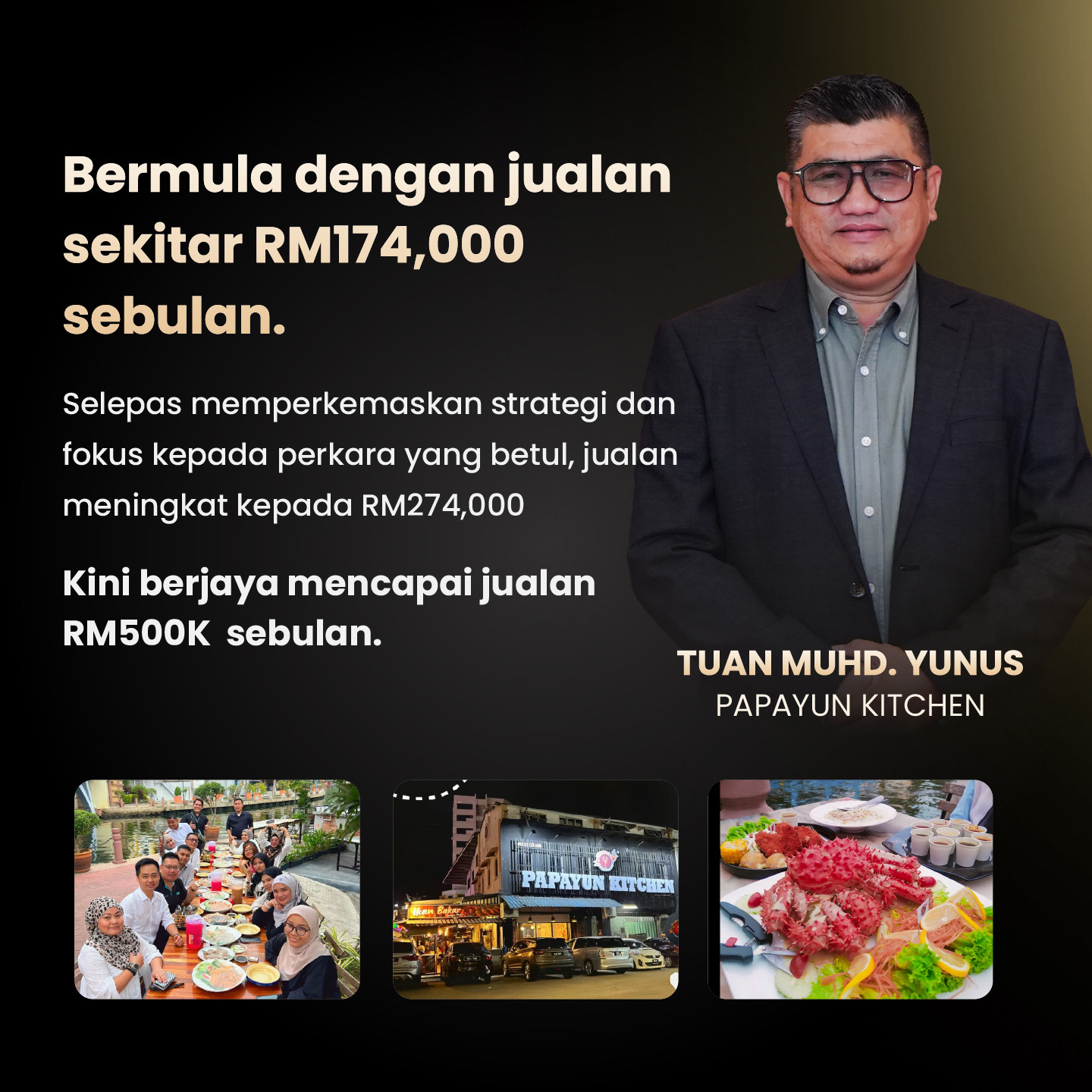 Tuan Muhd. Yunus, Papayun Kitchen — bermula dengan jualan sekitar RM174,000 sebulan. Selepas memperkemaskan strategi dan fokus kepada perkara yang betul, jualan meningkat kepada RM274,000, dan kini mencapai RM500K sebulan.